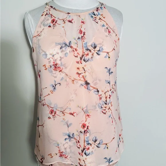 White House Black Market Blush Floral Sleeveless Blouse S Romantic Tie Back Top - Picture 2 of 6
